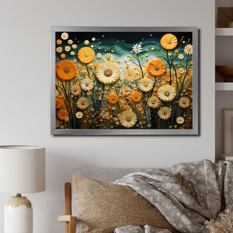 Cactus Manrica orange sarcelle, désert, oasis, tonneau sur toile, Cadre simple argenté, H 34 po x l 44 po x P 1,5 po
