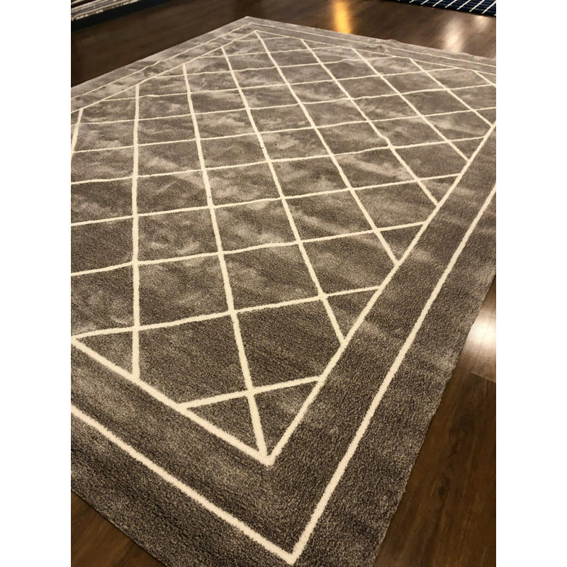 Tapis touffeté spécial de couleur crème anthracite à motif géométrique lavable en viscose, Rectangle 2 pi 11 po x 4 pi 11 po