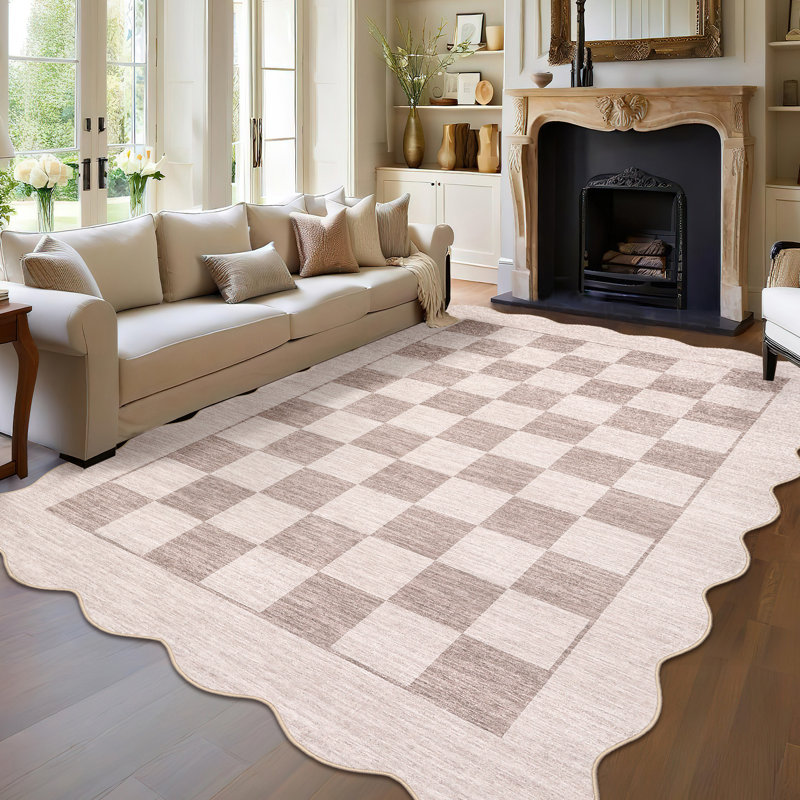 Washable Scalloped Rug Modern Checkerboard Rug Non Slip, Soft Non Shedding Thin Carpet, Indoor Low Pile Foldable Carpet, Contemporary Printed Mat for Living Room Bedroom