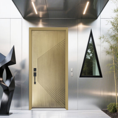 Contemporary Metallic-Finish Fiberglass Entry Door with Vinyl Frame and Brickmould, Easy Knock-Down Installation