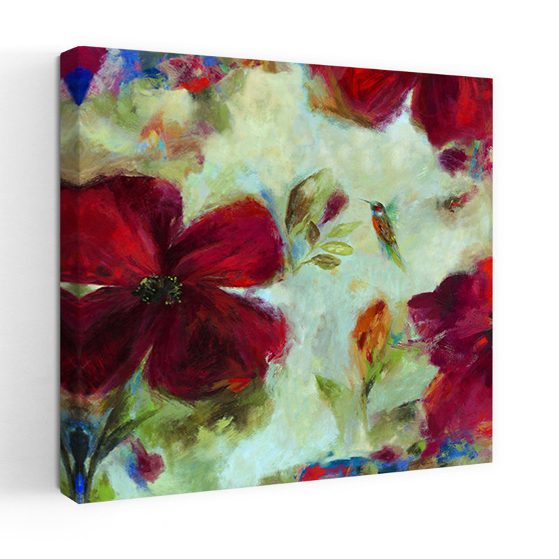 Hummingbird II Bold Delicate Impressionist Hummingbird Nature Flower Art, 18" H x 18" W