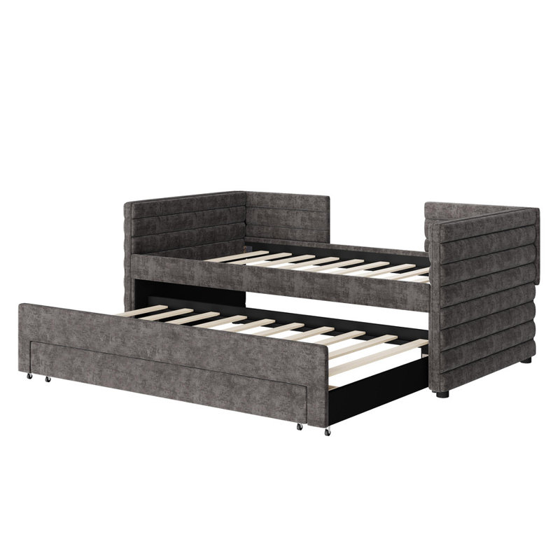 Twin Size Upholstered Daybed with Trundle & 3 Storage Drawers - Linen Fabric Sofa Bed for Guest Room & Living Room, Space-Saving Modern Design, No Box Spring Needed.