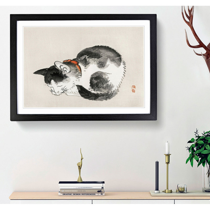 Sleeping Cat by Kono Bairei - Picture Frame Painting Print, Black Framed, 36cm H x 48cm W x 2cm D