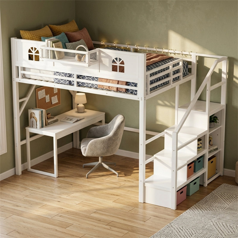 Lit mezzanine double, structure en métal, avec escaliers, garde-corps hauts et garde-corps en forme de maison, avec garde-robe intégrée, blanc