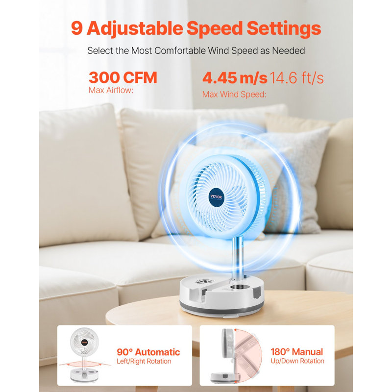 Ventilateur oscillant portatif et pliable 10 pouces, 3 piles en 1 avec télécommande, ventilateur de bureau / table silencieux, 9 vitesses, rotation automatique gauche / droite à 90 degrés, pour la maison, le bureau