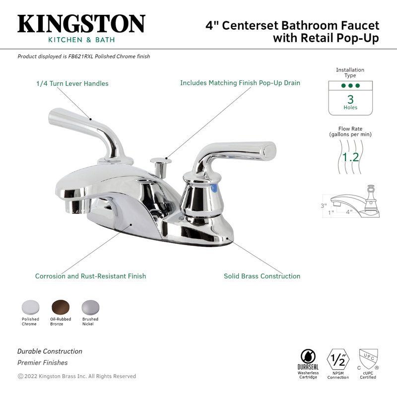 Kingston Brass Restoration Two-Handle 3-Hole Deck Mount 4" Centerset Bathroom Faucet with Plastic Pop-Up, Oil Rubbed Bronze