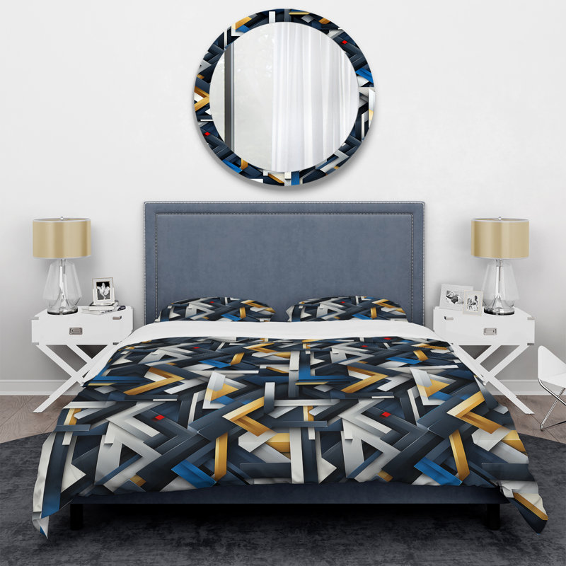 Ensemble de housse de couette Blue Industrial Geometry Shape Melody, Housse de couette pour grand lit et 2 taies décor