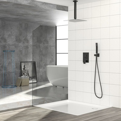 Dual Shower Head Ceiling Mount 10 Inch Square Matte Black With - Scald Balanced Valve, 360 Adjustable Head, And All Necessary Parts System Easy To Clean Nozzle, Handheld