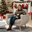 Chaise d'appoint moderne à haut dossier, tissu en lin rembourré avec pieds en bois massif - Fauteuil de lecture confortable pour le salon