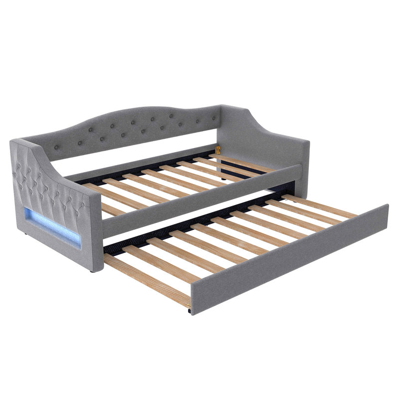 Sofa Bed Twin XL With Trundle And LED Lighting, Gray, Twin Extra-Long