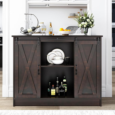 Abrianna Farmhouse Coffee Bar Cabinet with Sliding Barn Door, Coffee Bar Table with Adjustable Shelves, Buffet Cabinet with Storage Wine Bar Cabinet for Kitchen Living Dining Room