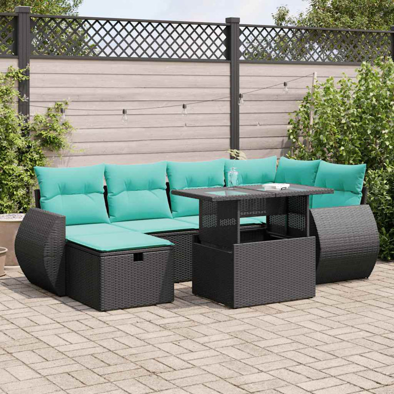  7 Piece Patio Sofa Set With Cushions Poly Rattan Acacia, Gray, Green