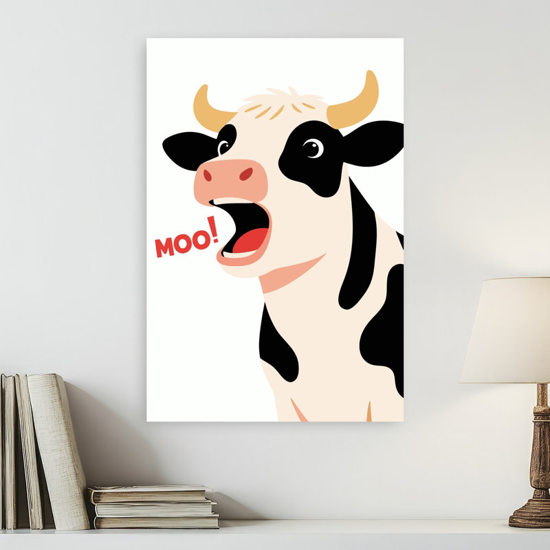 Vache drôle et meuglante - Illustration abstraite contemporaine représentant une vache dans un paysage naturel, 24" H x 16" W