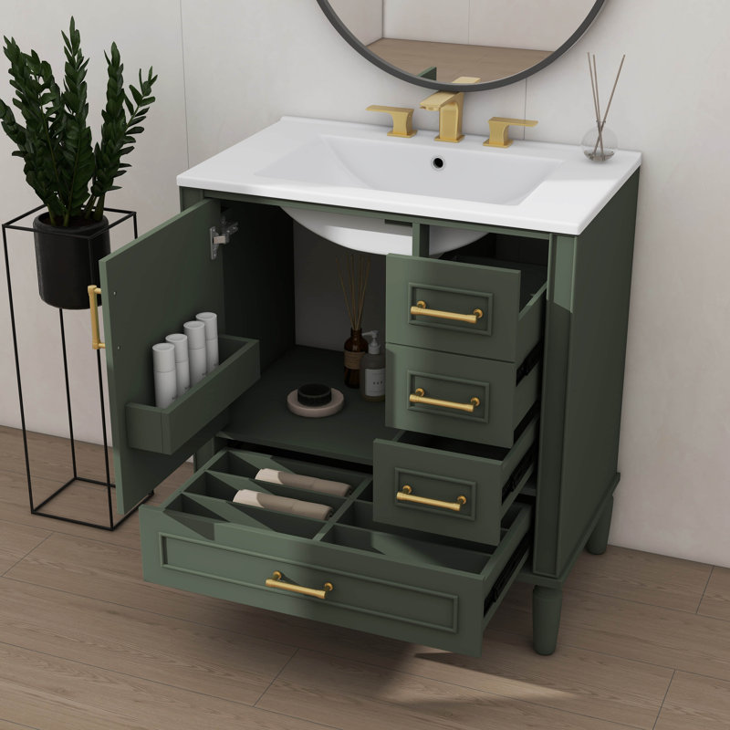 Meuble-lavabo de 30 pouces avec tiroir intégré à tiroir profond et tiroir standard, Vert olive