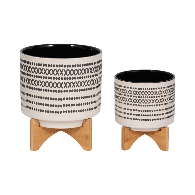 Ceramic and Stoneware Planters with Bamboo Stands - Set of 2, 12" H x 10" W x 10" D, Gray, 2