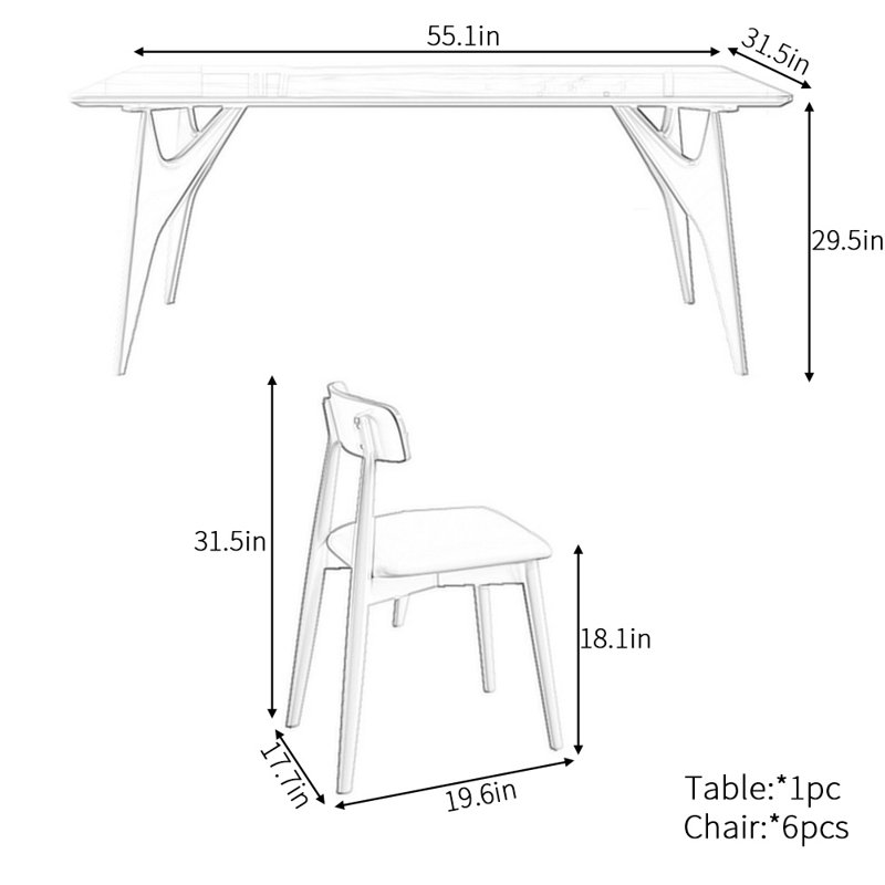 Nordic simple rectangular dining table set, 29.5"H x 55.1"L x 31.5"W