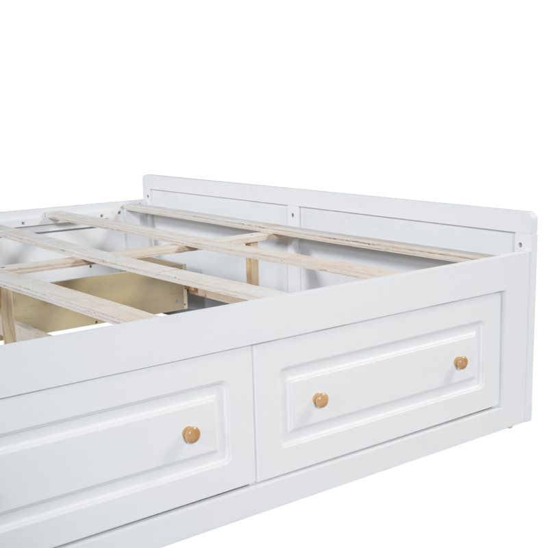 Grand lit plateforme en bois avec 6 tiroirs de rangement, pas de tête de lit fixe, pas de sommier, espresso, Blanc