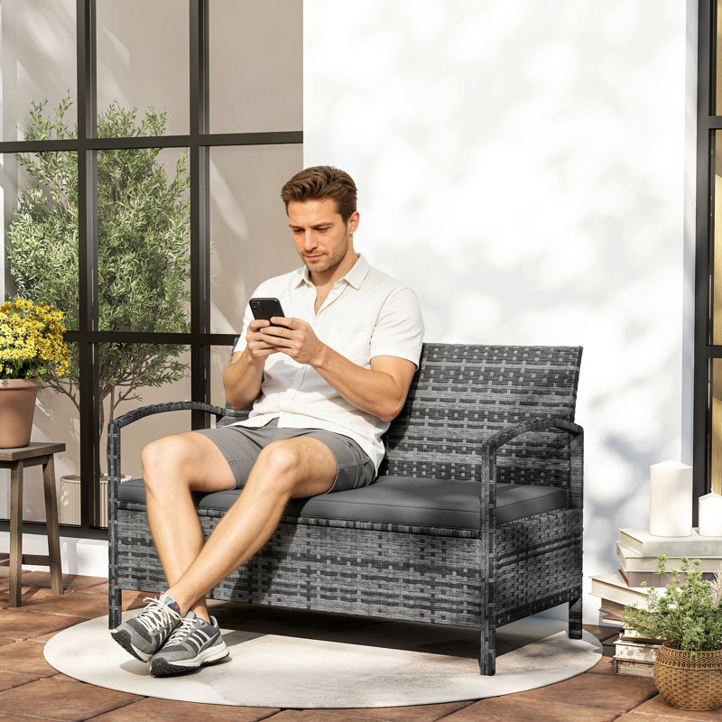 Banc de rangement extérieur en osier, boîte de terrasse 33 gallons, gris