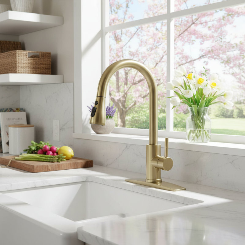 High Arc Single Handle Kitchen Faucet with Pull Down Sprayer, Stainless Steel, Fits 1 or 3 Holes, Ideal for Farmhouse RV Laundry Bar