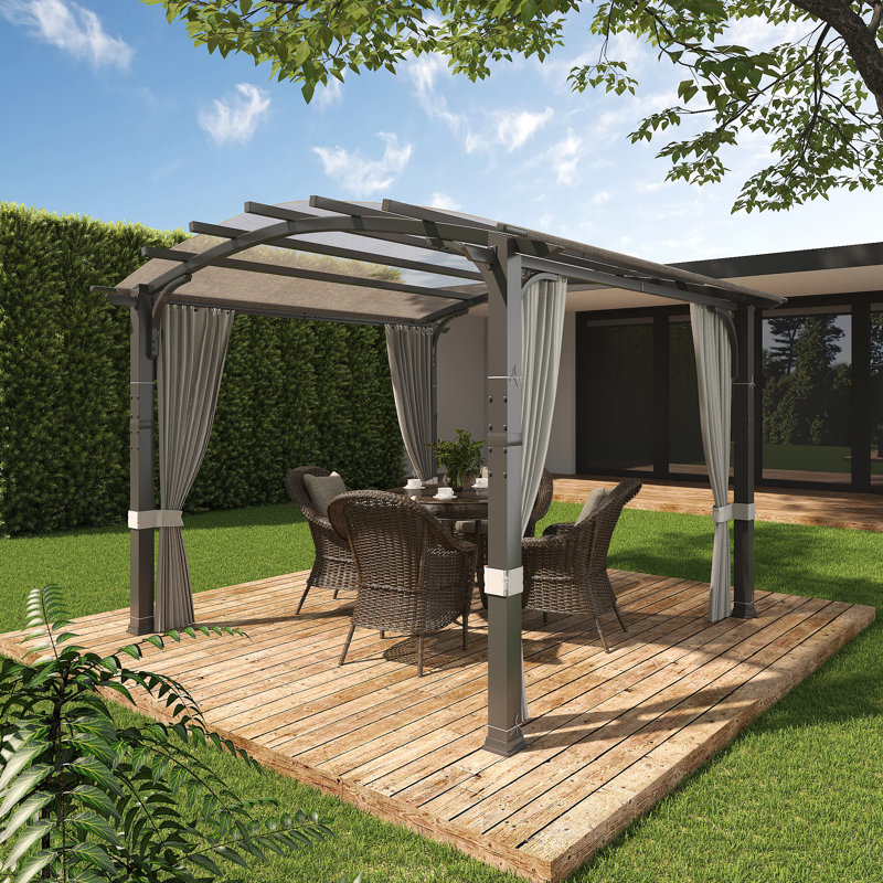 Pergola arquée 10 pi x 10 pi avec auvent et rideaux d'intimité - Structure en acier robuste pour patio et cour arrière - gris