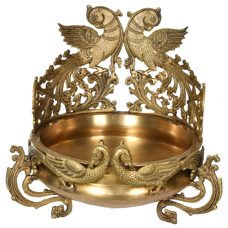 16.5" Large Brass Urli Decorative Bowl – Handcrafted Parrot Centerpiece for Floating Candles & Florals (26 lbs)