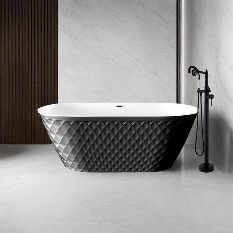 67'' Acrylic Freestanding Bathtub With Unique Diamond Pattern Design Chrome Overflow And Pop-up Drain