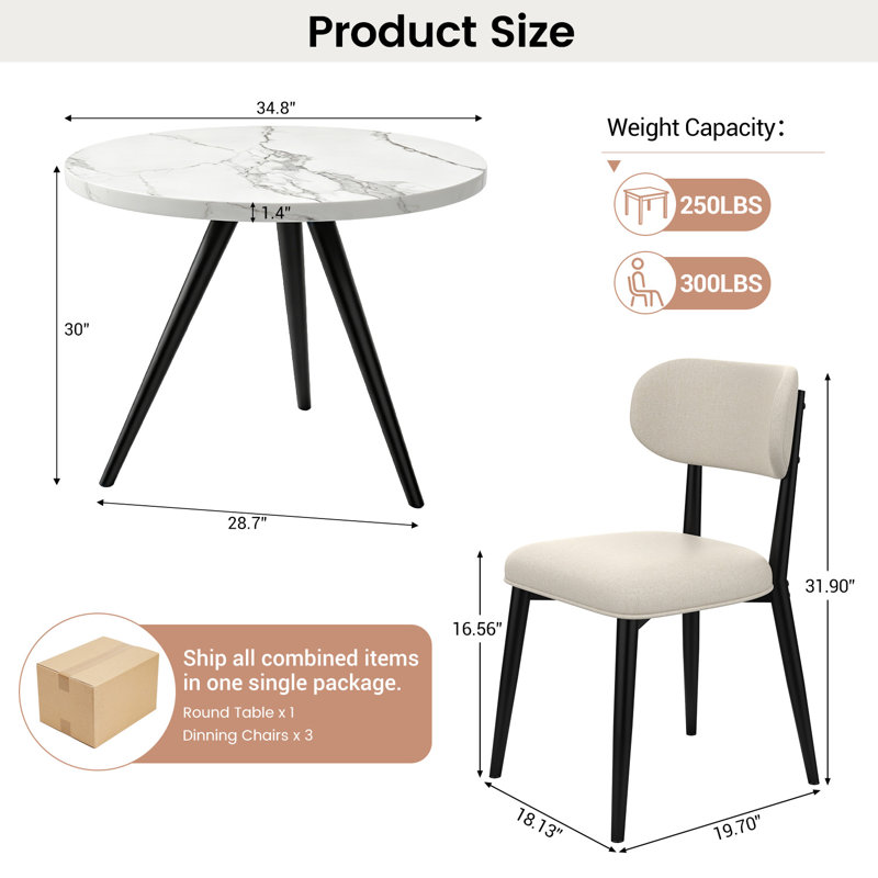 Ensemble de table de salle à manger ronde 34,8 po pour ensemble de table de cuisine moderne de 3,4 pièces avec 3 chaises rembourrées, table basse de loisirs pour la salle à manger de cuisine, coin repas