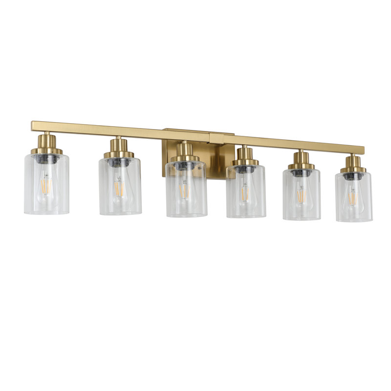 Bathroom Vanity Light, Clear Glass Shade, 6-Light, No Bulbs, Gold, 6 Lights, Brushed Gold