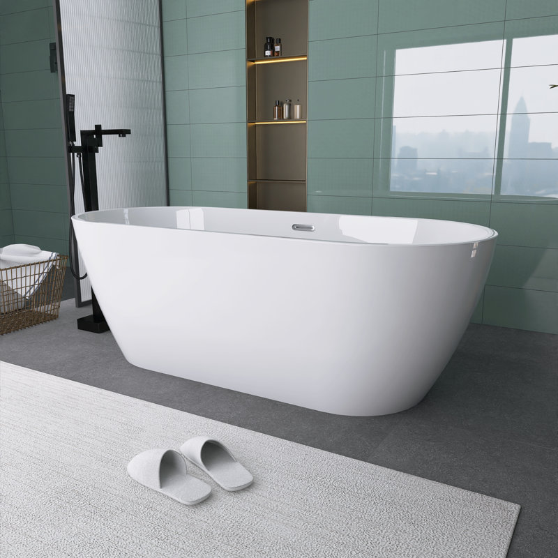 67 po X 30 po Baignoire de trempage autoportante en acrylique avec drain central en blanc brillant