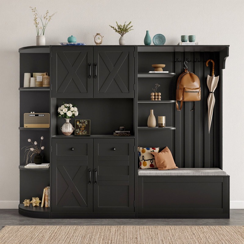 Multifunctional Hall Combo: 2-in-1 Storage Cabinet & Entryway Organizer with Hooks, L-Shape Space Saver, Black, Black