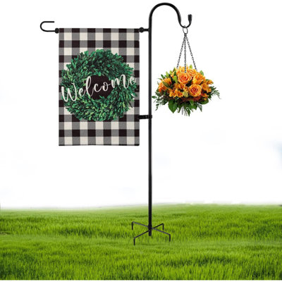 Garden Flag Holder Stand and Shepherds Hooks, 48 Inch Height with 1/2 Thick Metal Pole-Outdoor Lawn Yard Stake for Small 12x18, Solar Lights-Mini (1), Black (GFSH-X1)