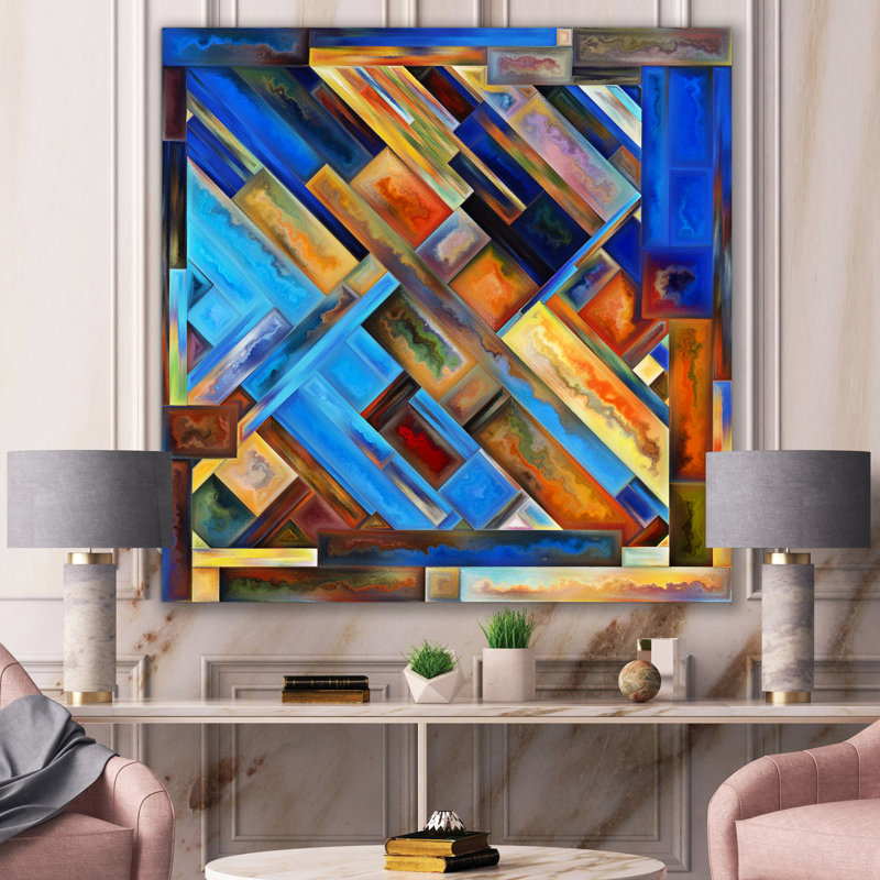 Formes géométriques en orange et bleu - impression sur toile tendue, H 46 po x l 46 po x P 1,5 po