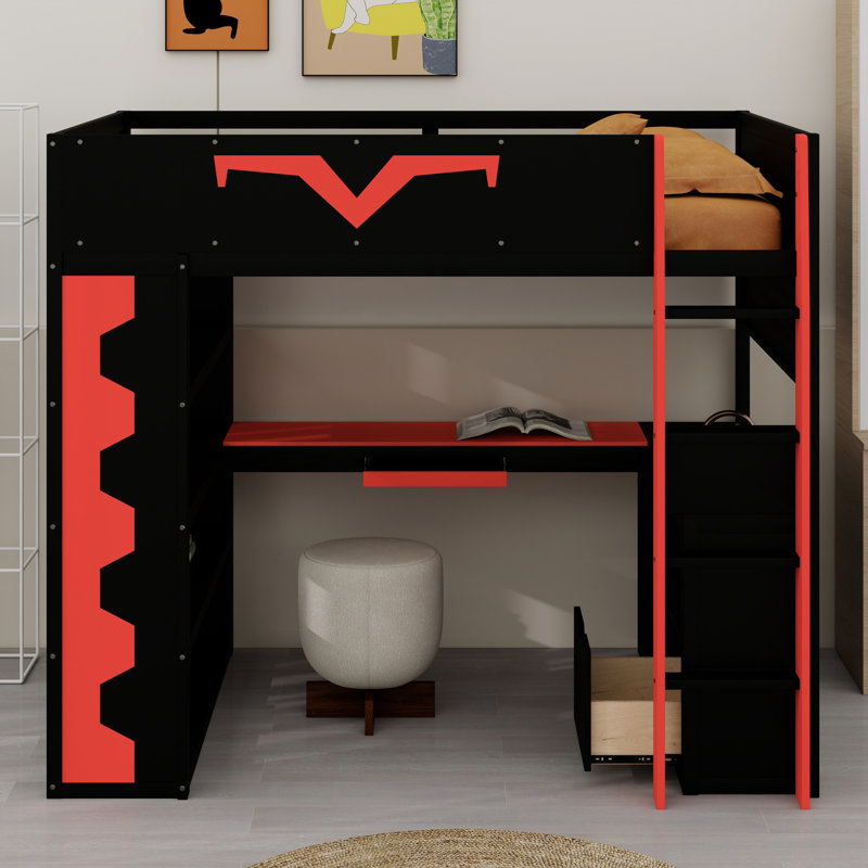 Lit mezzanine avec prise de courant, tiroir de rangement et plateau à clavier Advanced Gaming, Rouge