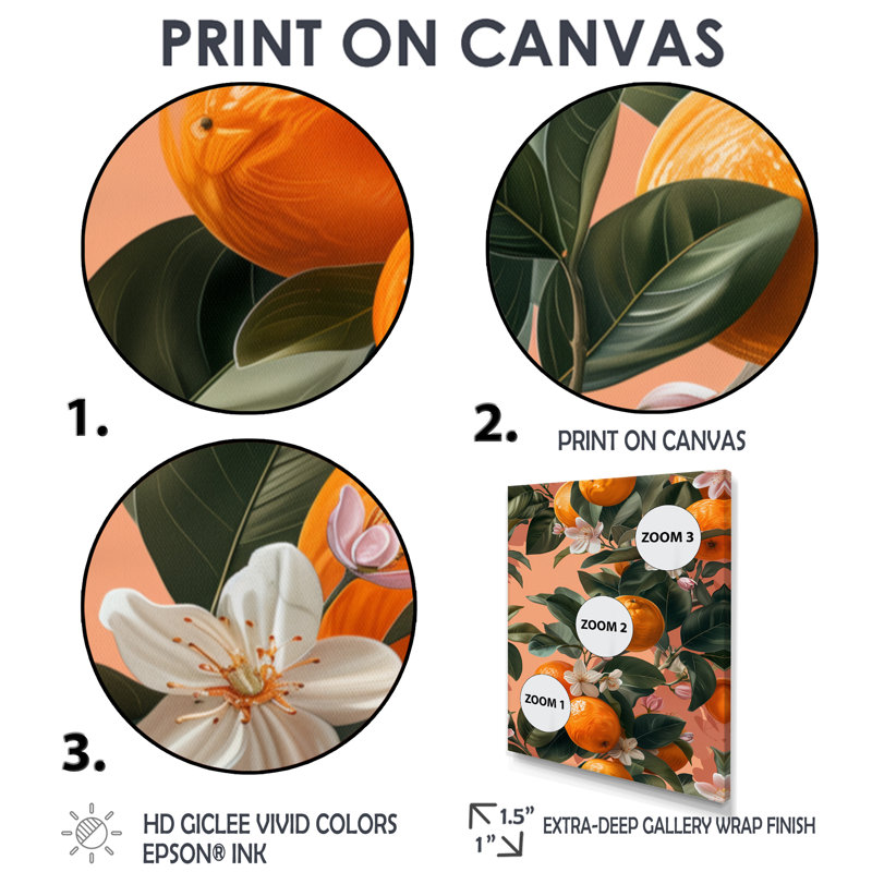 Décoration murale orange orange et arbres verts II - fruits, H 30 po x l 40 po, Cadre flottant brun