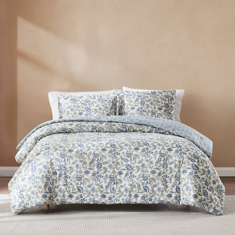 Lillian Block Print Reversible Comforter Blue/Sage 3Pc Set, Blue, Queen Comforter + 2 Shams