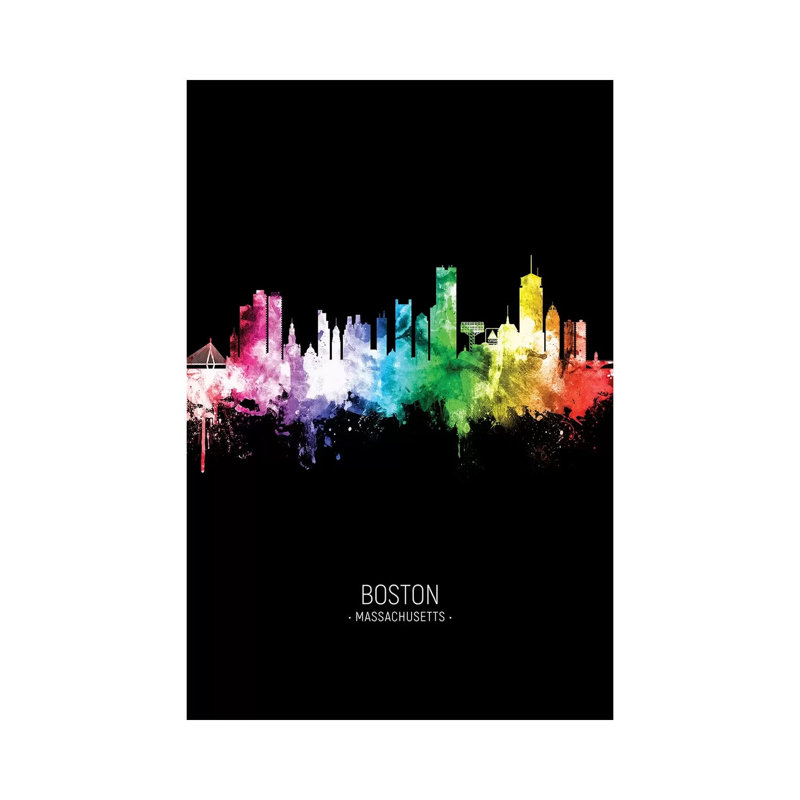Boston Skyline Portrait Rainbow Black by Michael Tompsett - Wrapped Canvas Print, 20.32 cm H x 30.48 cm W