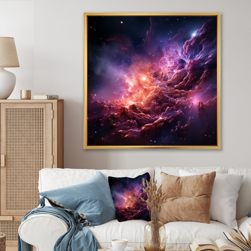 Abstract Purple Galaxy Storm I - Abstract Spirals Wall Art, 16" H x 16" W x 1" D, Gold Floater Framed