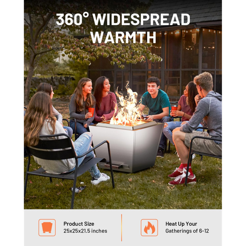 Cyberpit One Pro 25 Inch Smokeless Fire Pit, W/Pull-Out Ash Pan, Portable Outdoor Firepits, Carry Handle For Backyard Patio Camping, Stainless Steel, Silver