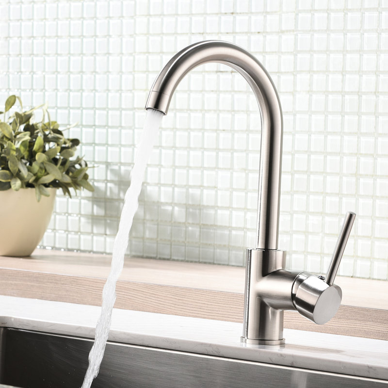 Robinet d'évier de cuisine en acier inoxydable - poignée simple, nickel brossé, cartouche en céramique