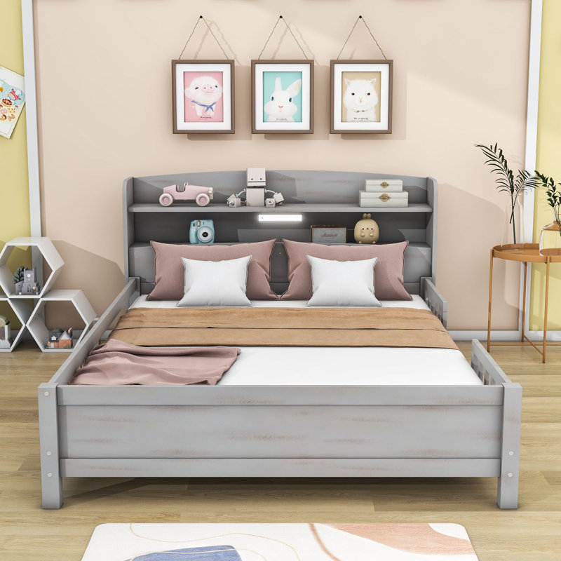 Kortney Wood Platform Bed with Built-in LED Light and Storage Headboard , Full, Antique Gray