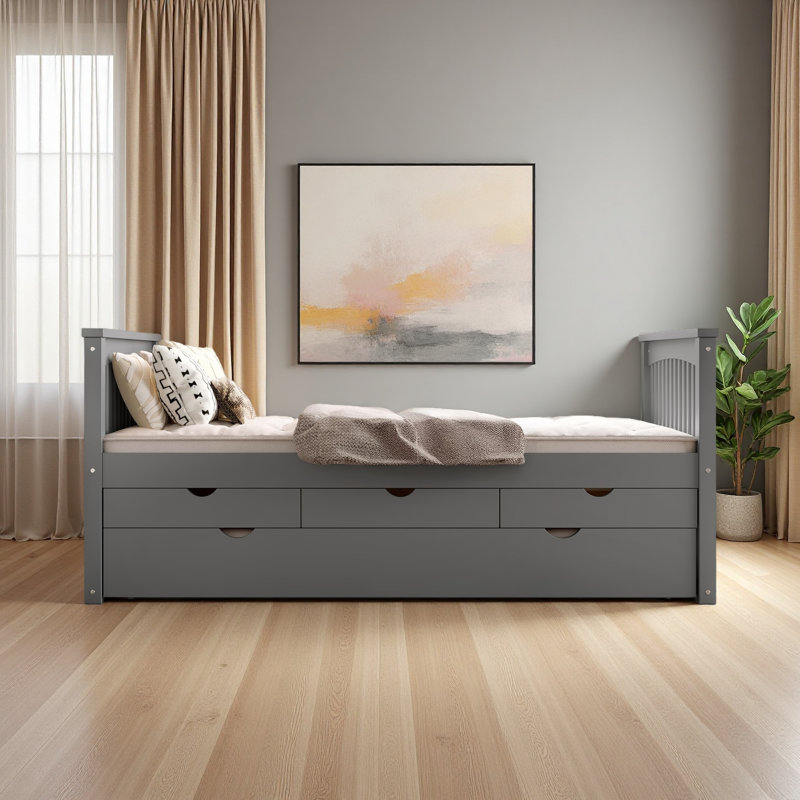 Twin Platform Bed With Drawers And Trundle, Solid Wood Daybed, No Spring Box Needed, Gray