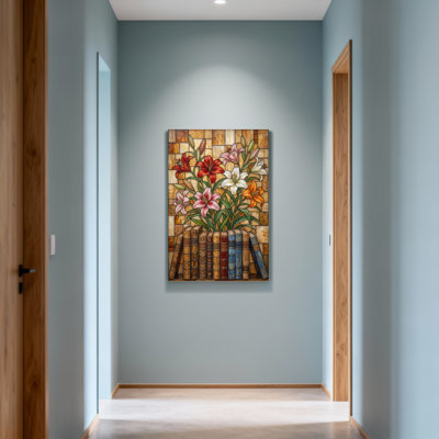 Plants &Flowers Stained Glass Lilies And Books Pattern