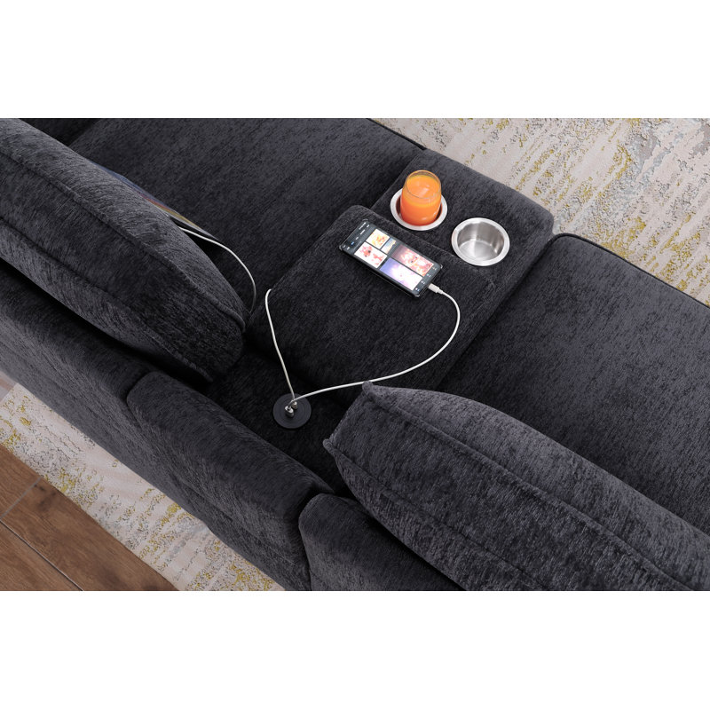 Canapé modulaire en U avec canapé-lit, console avec port USB et méridienne, Chenille grise foncée