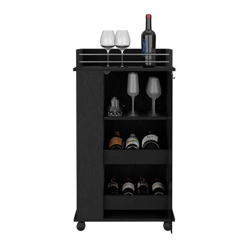 Chariot-bar avec tablettes à deux côtés Beaver, porte vitrée et surface supérieure, Noir