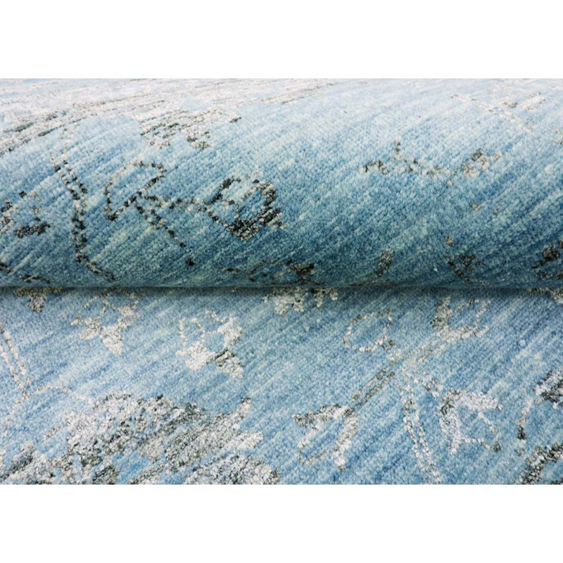 Tapis bleu clair et bleu noué à la main de haute qualité, Rectangle 8 pi x 10 pi