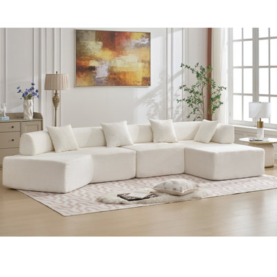Canapé modulaire moderne en L de 140 po, sans assemblage requis, canapé modulaire, canapé avec méridienne, canapé avec méridienne, 4 sièges, blanc