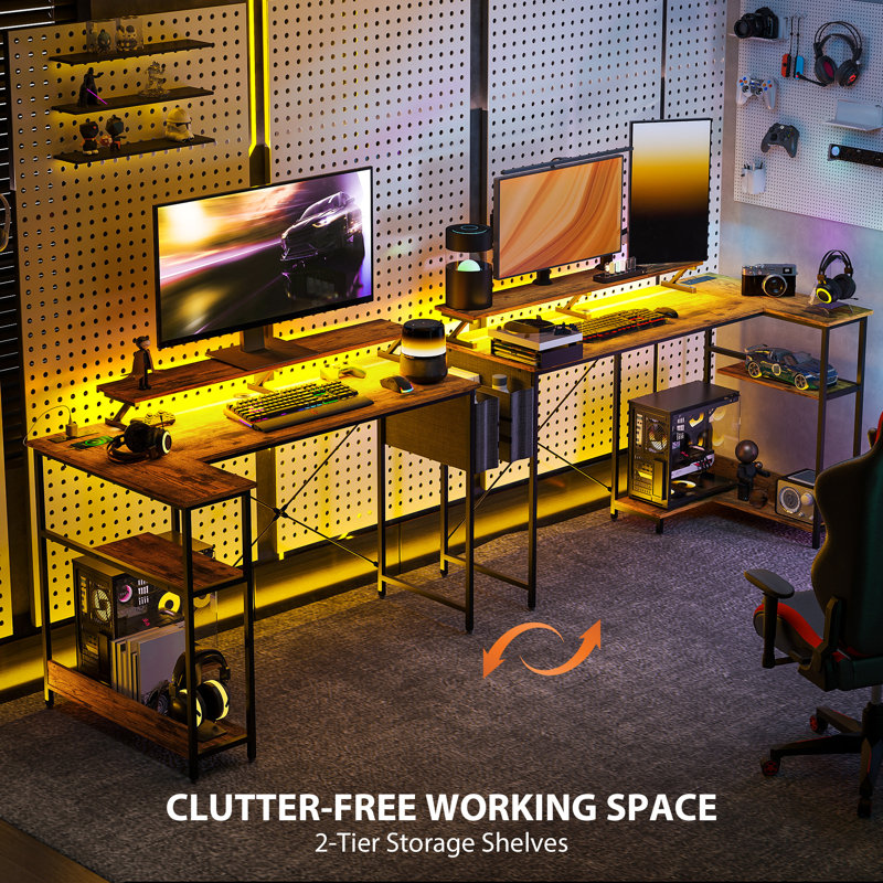58" Reversible L Shaped Desk with Monitor Stand, Corner Computer Desk with LED Lights,wood, Brown
