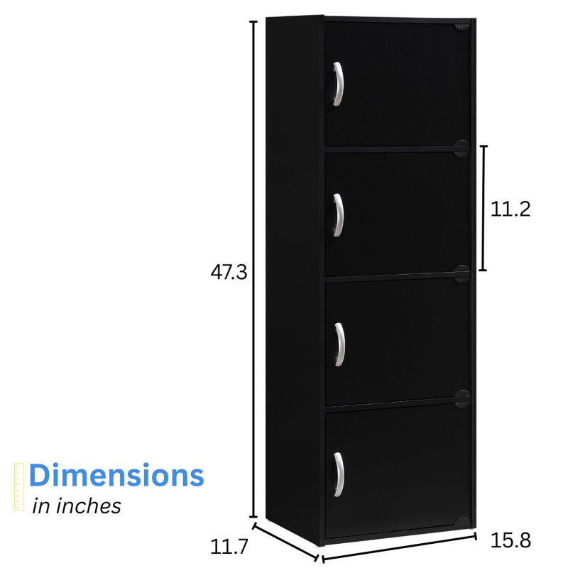 4-Doors, 4-Shelf Bookcase 47.3 in. Tall Enclosed Storage 4-Tier Bookshelf for Home or Office, Black