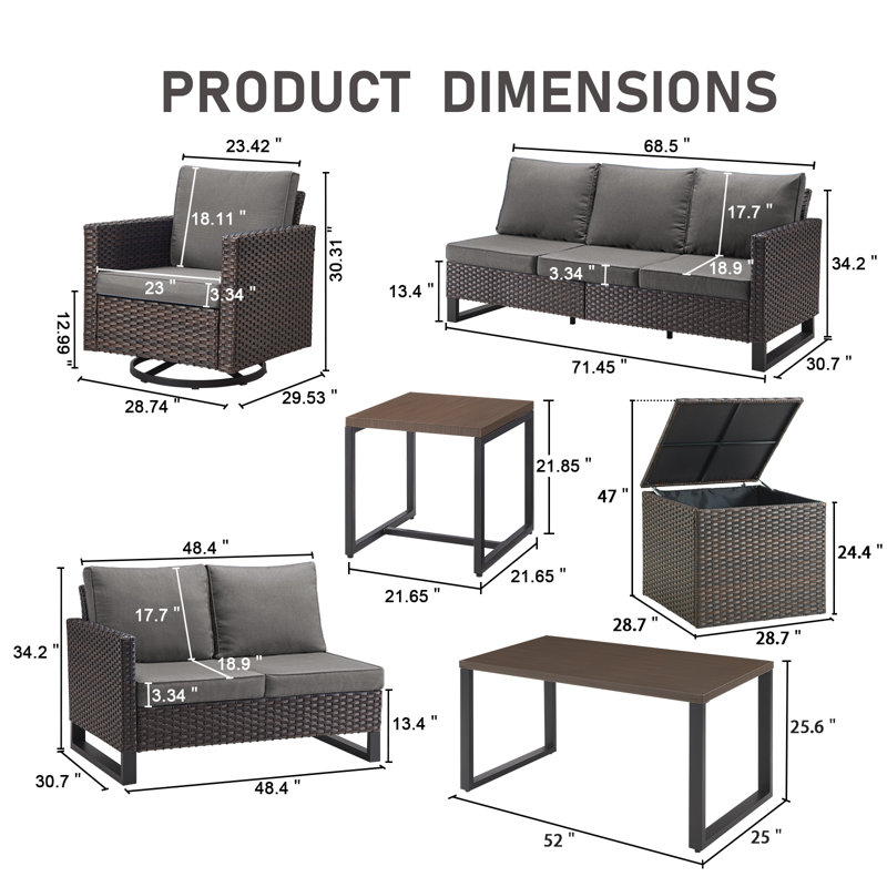 Ingvald 6 Person Outdoor Patio Wicker Conversation Set Group With Swivel Chairs, Gris