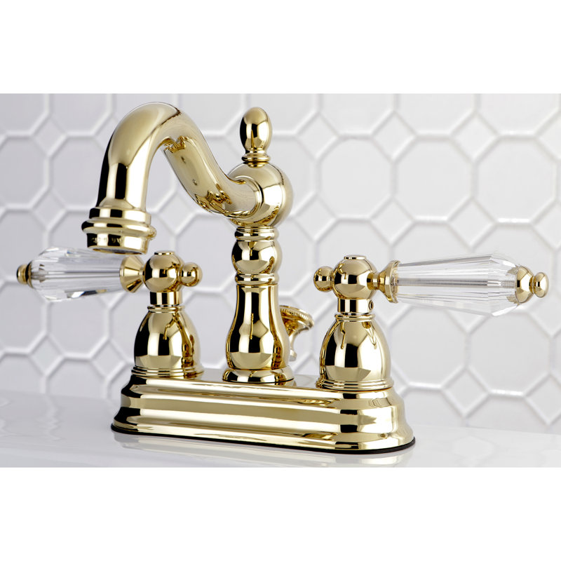 Kingston Brass Wilshire Two-Handle 3-Hole Deck Mount 4" Centerset Bathroom Faucet with Plastic Pop-Up, Polished brass
